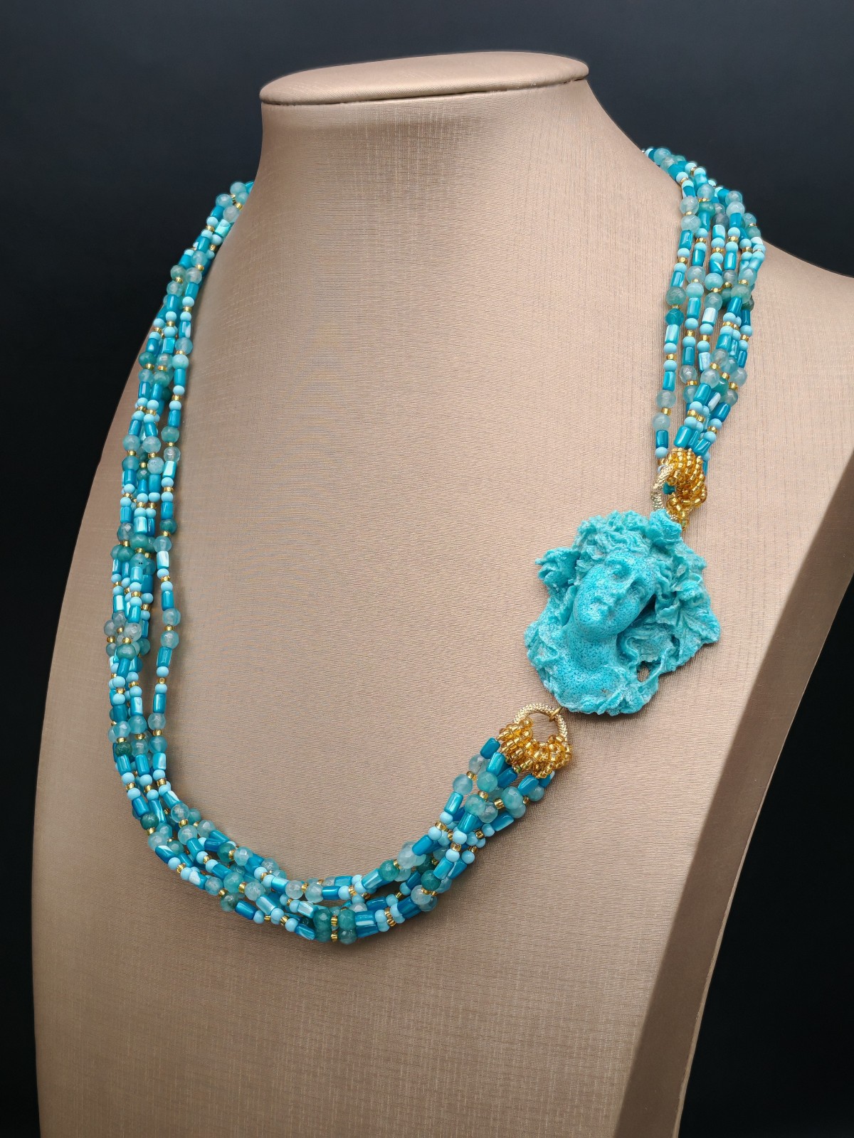 Women Turquoise Cameo Multifilament Elegant Mother of Pearl Necklace Made in Italy
