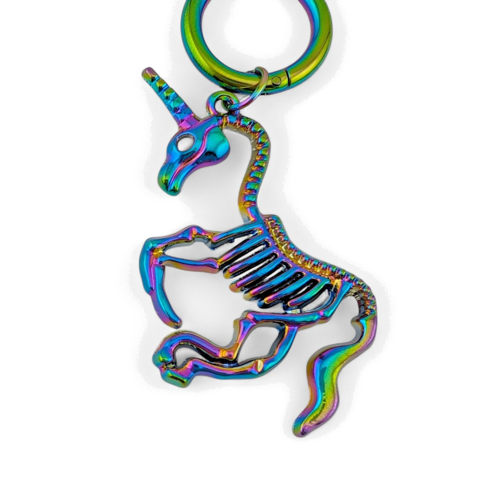 PRANCING UNICORN SKELETONS EARRINGS anodized oilslick rainbow pendant & hoop E5