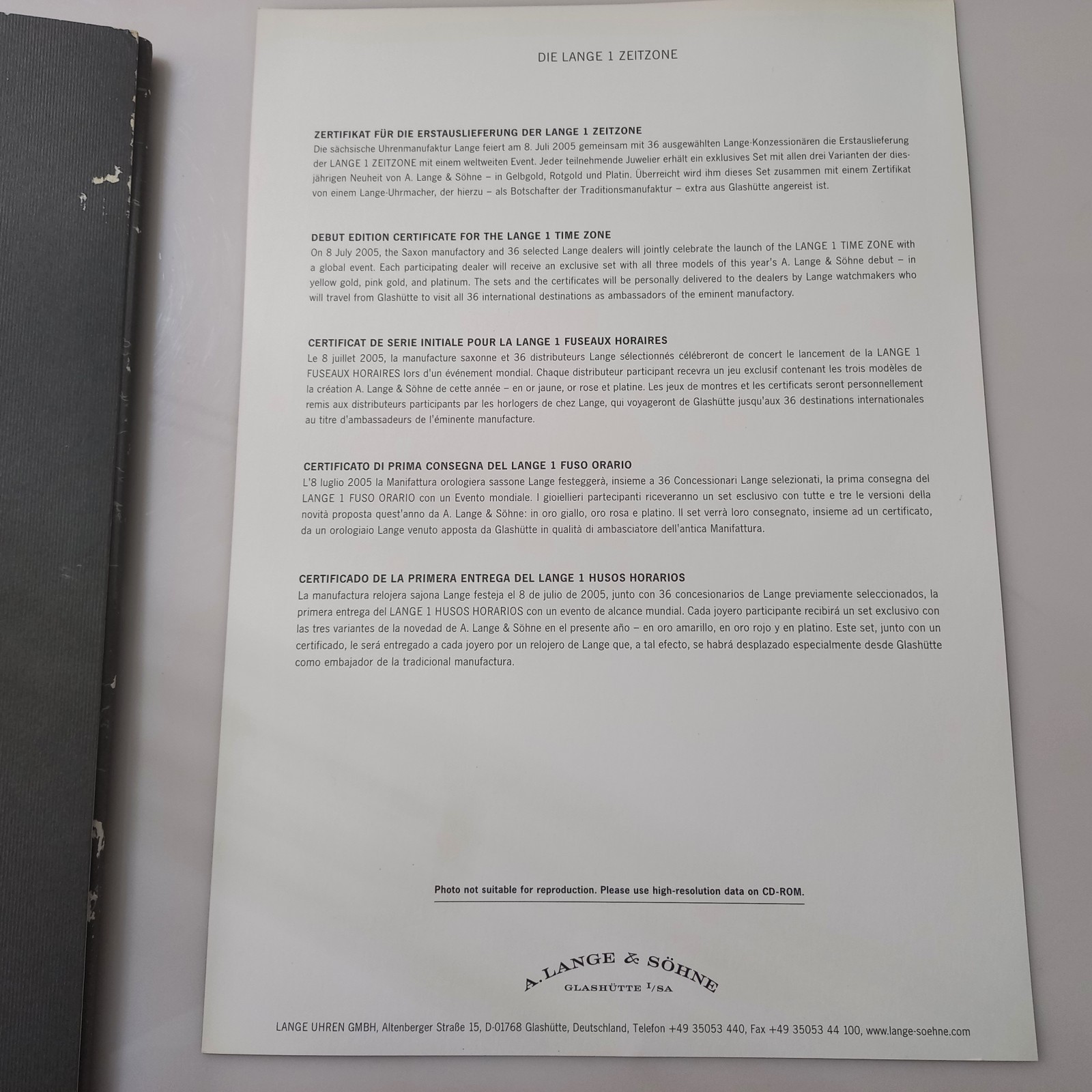 Rare 2005 A. Lange & Söhne Lange 1 Time Zone Press Kit & Technical Drawings
