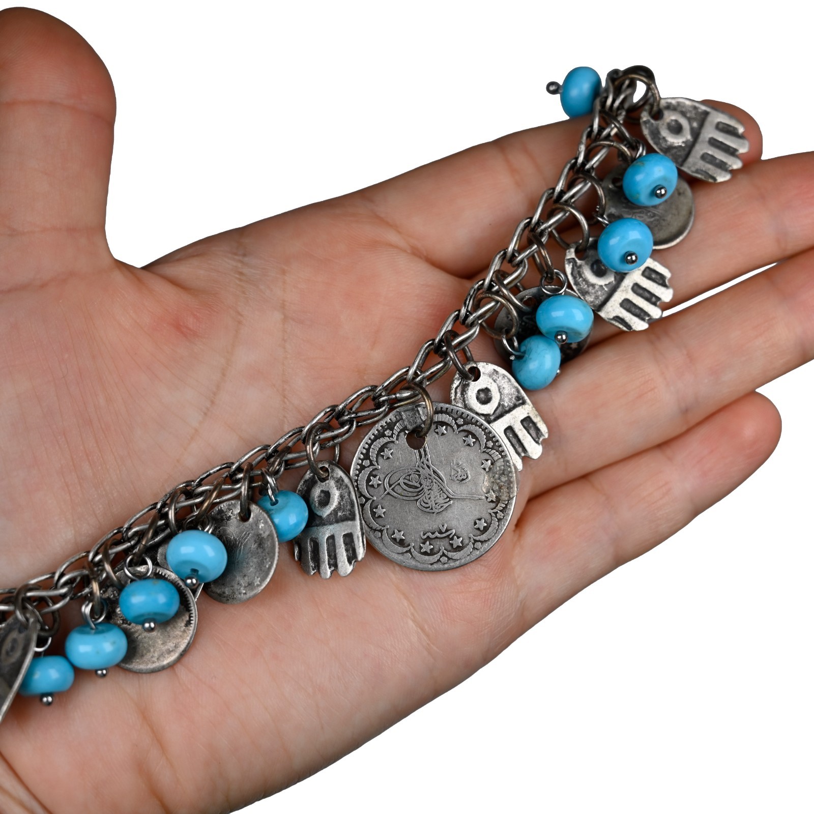 Middle Eastern Ottoman Palestinian Bedouin Silver Hamsa Pendant Necklace