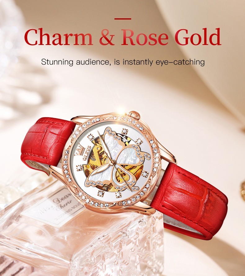 OLEVS 6622 Leather Ceramic Hollow Out Women Dress Mechanical Automatic Watch