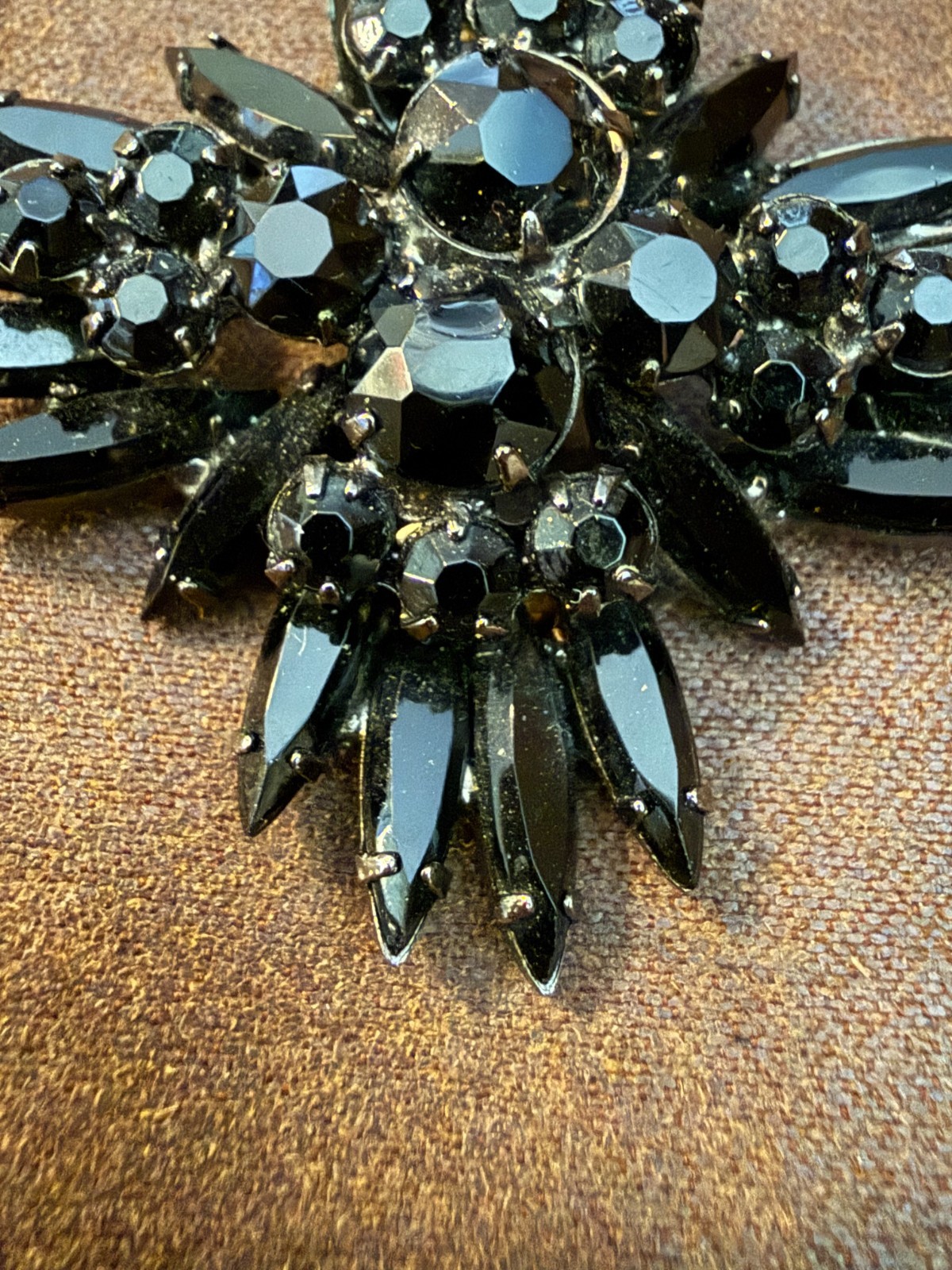 Vintage Black Rhinestone Starburst Brooch/Mid-20th Century/European