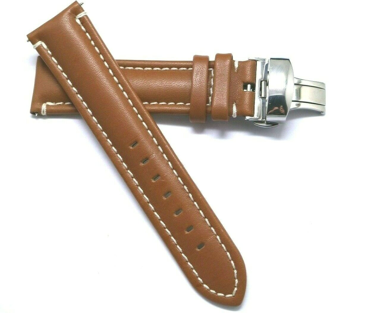 20mm 22mm Brown/White Genuine Leather Watch Band W/ Push Button Deployant Clasp