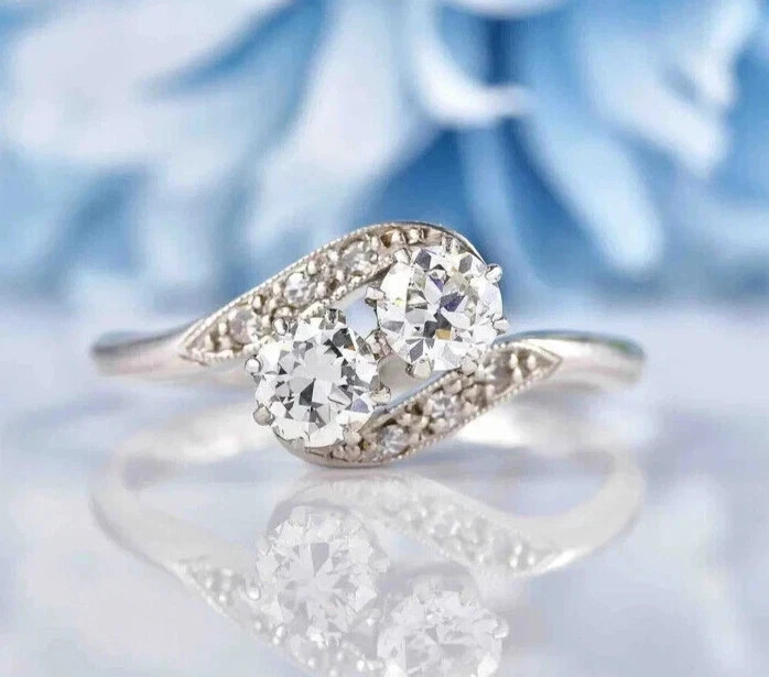 2Ct Round Cut Lab Created Diamond Wedding Toi Et Moi Ring 14K White Gold Plated