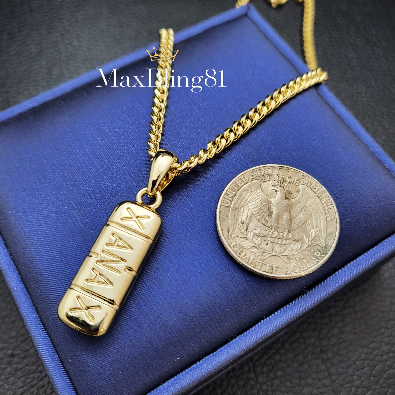 Hip Hop Gold Plated XANAX Pill Pendant & 24″ Box, Cuban, Rope Chain Necklace