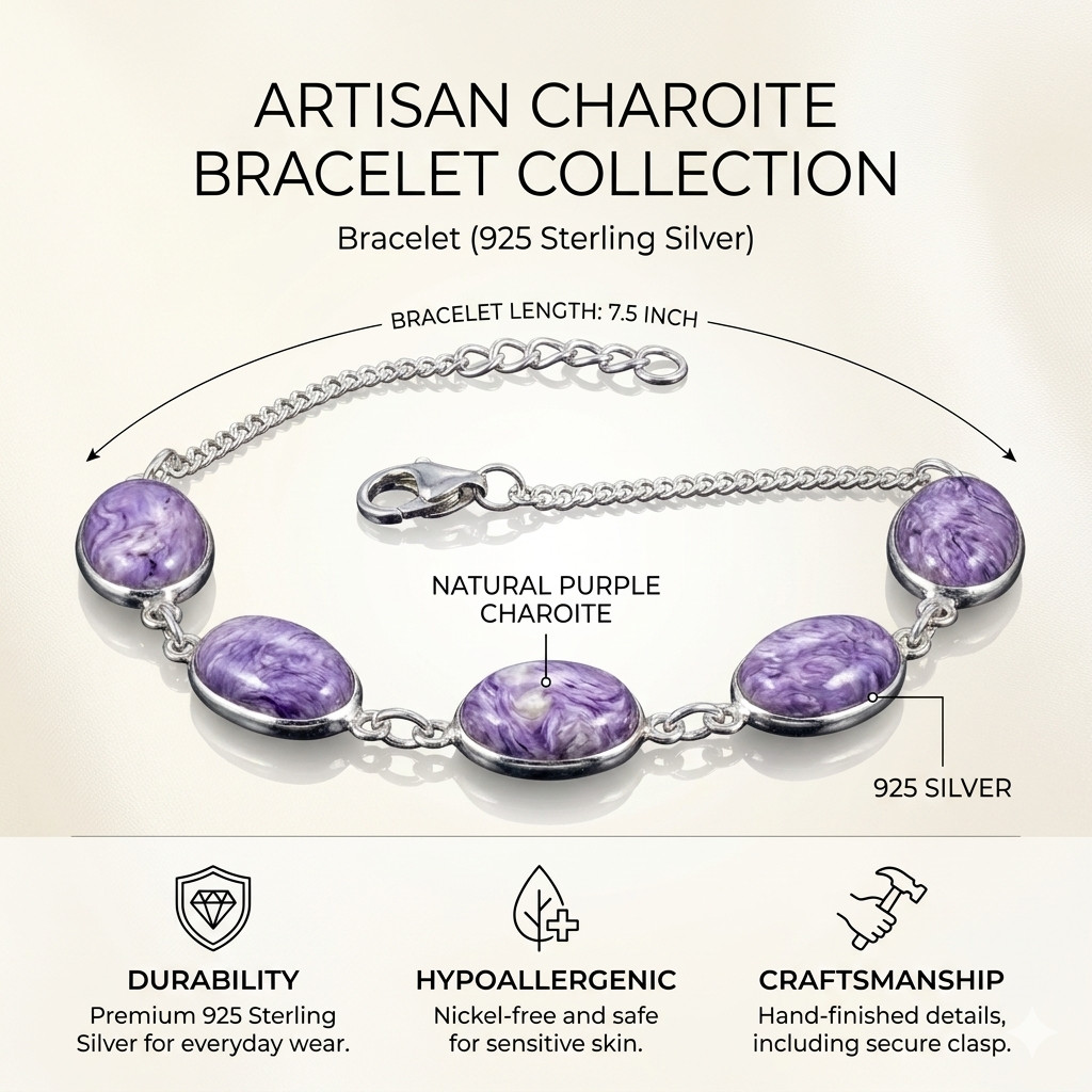 Natural Charoite Bracelet 925 Sterling Silver Gemstone Artisan Jewelry S-8.50″