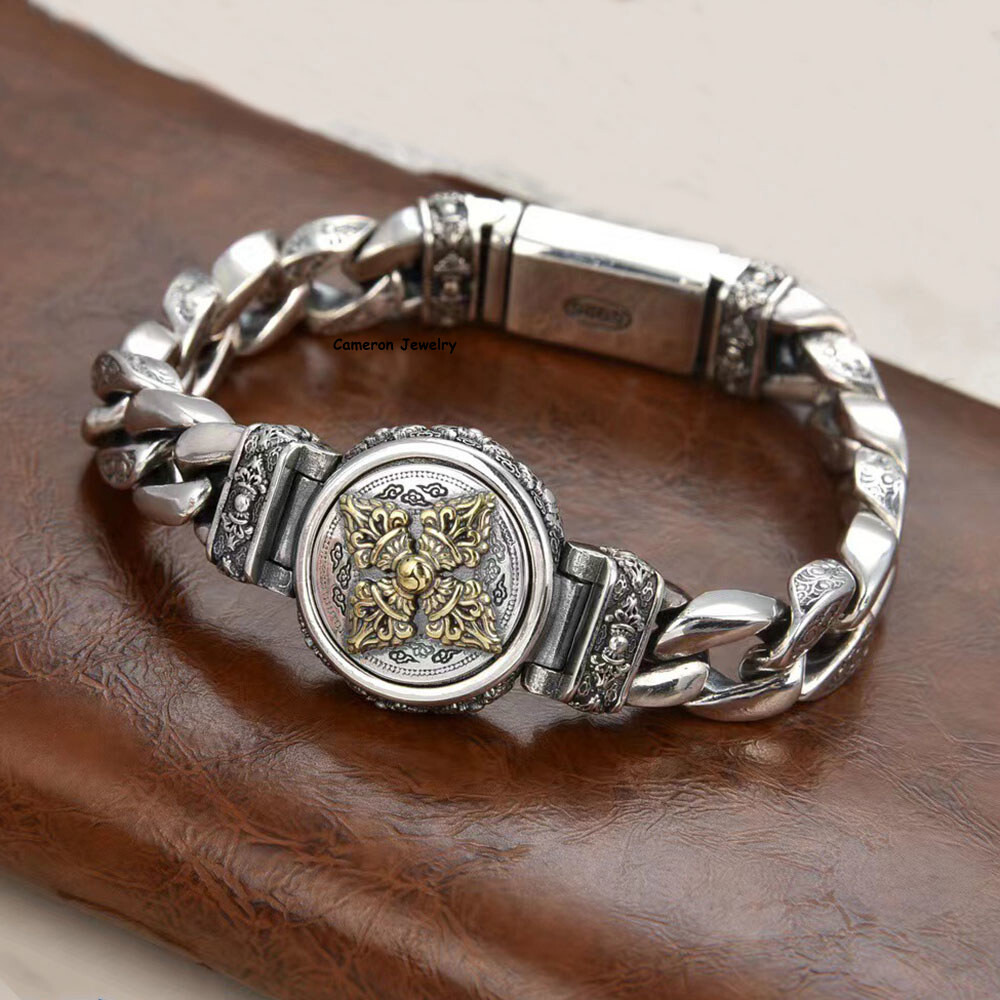 Solid S925 Sterling Silver Chain 11mm Round Vajra Curb Link Bracelet 7.1-8.7inch