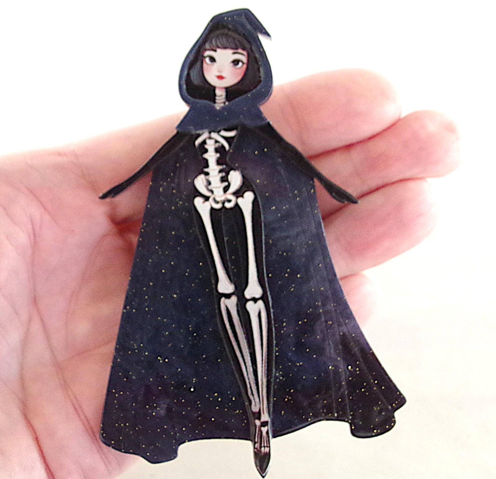 3.75″ NEW SKELETON ZOMBIE GOTH GIRL IN CAPE HALLOWEEN LAYERED ACRYLIC BROOCH PIN