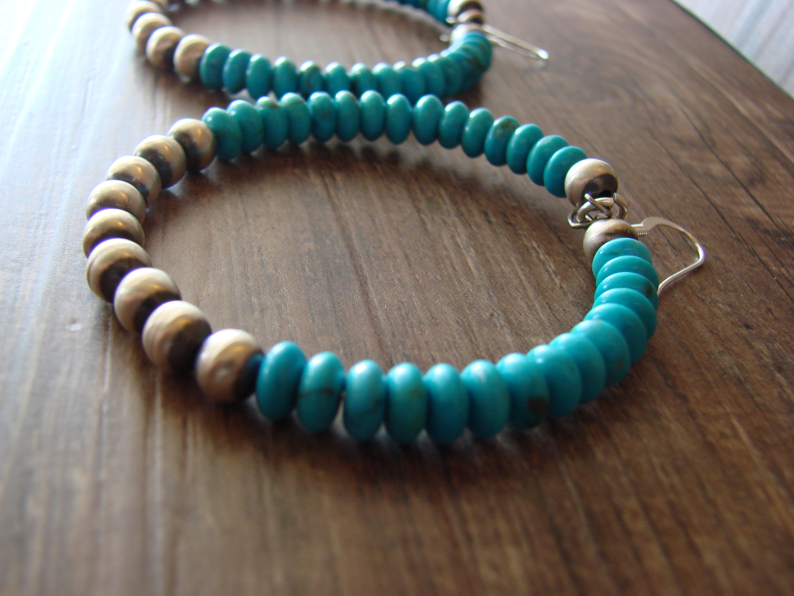Native American Hand Beaded Turquoise Sterling Silver Desert Pearl Earrings