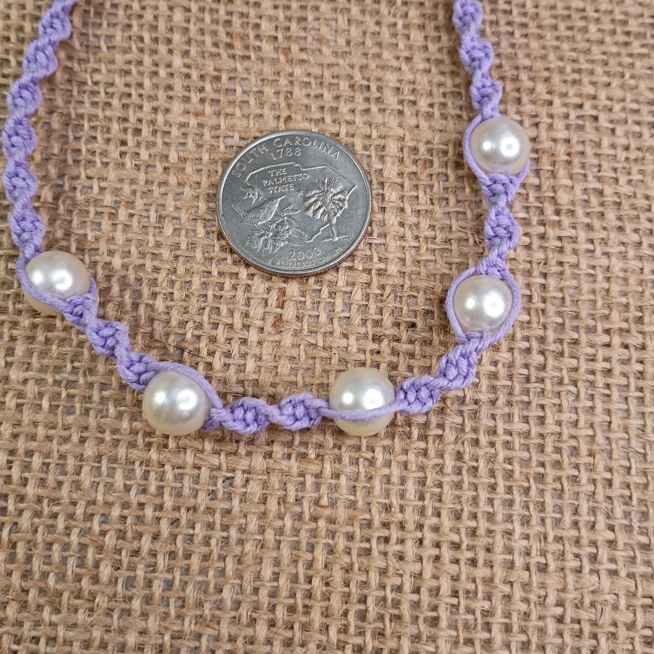 New Lavender Hemp Choker Necklace W/ Faux Pearl Beads 15 in Macrame Feminine