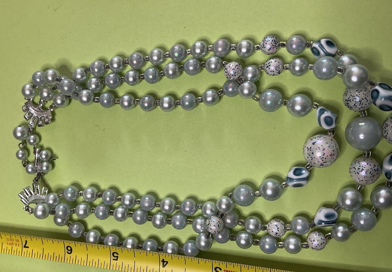 Gray Blue beads Multi Strand Beaded Necklace Glass Beads Silver Tone Hook