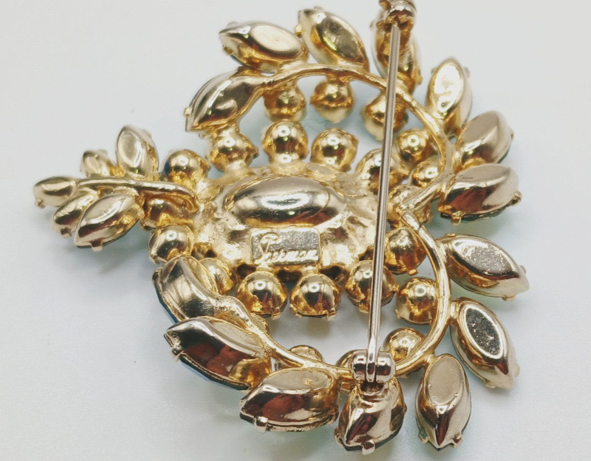 Vintage Sherman gold tone AB aqua yellow pink rhinestone brooch