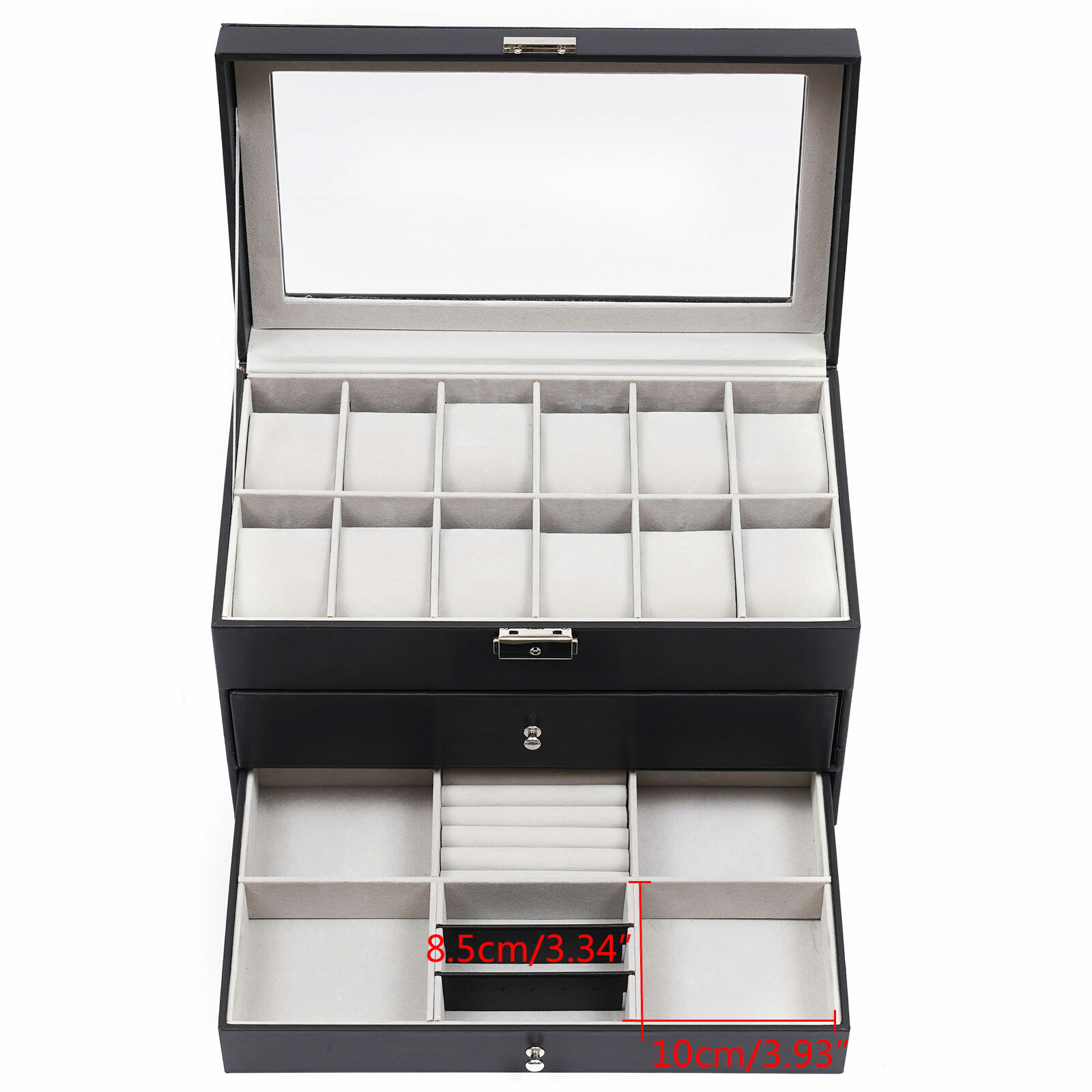 3-Layer Jewelry Display Box Ring Display Case Box Black Watch Eyeglasses Box