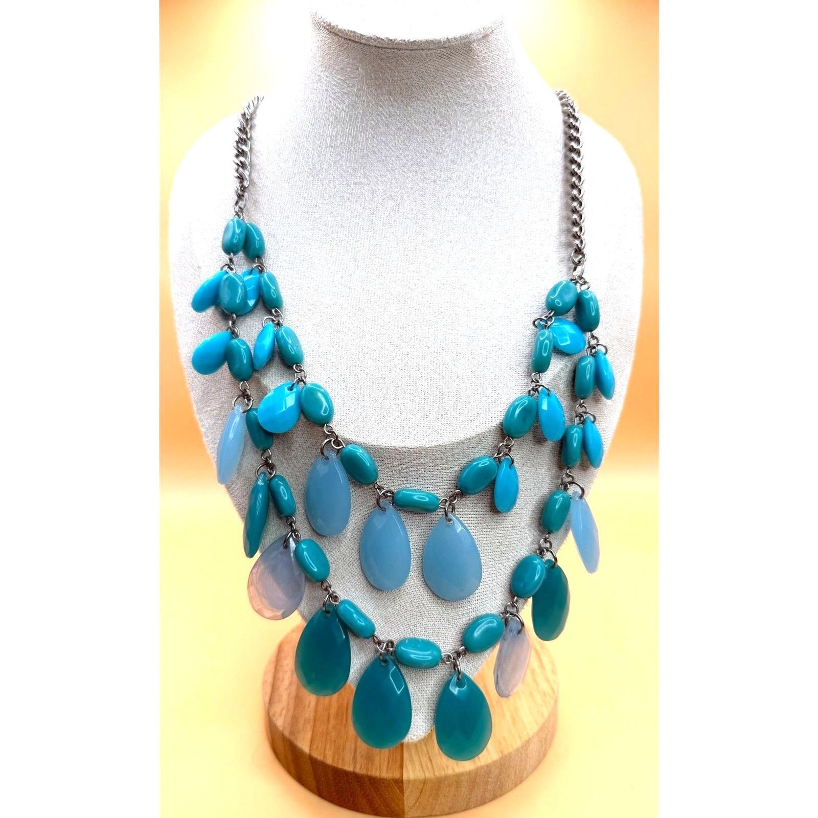 90s turquoise Teal Layered Statement Bib Necklace Silver Tone Boho 26.9′
