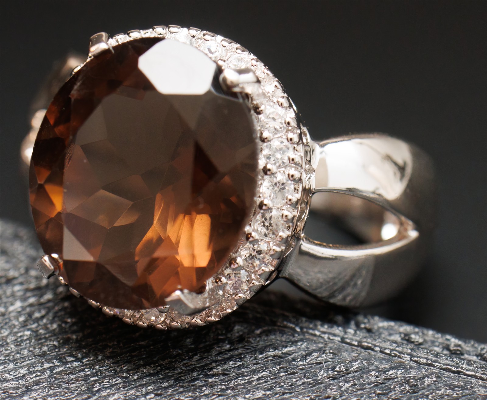 Size 8.75 Brown Smoky Quartz Cocktail CZ Halo Sterling Silver Ring
