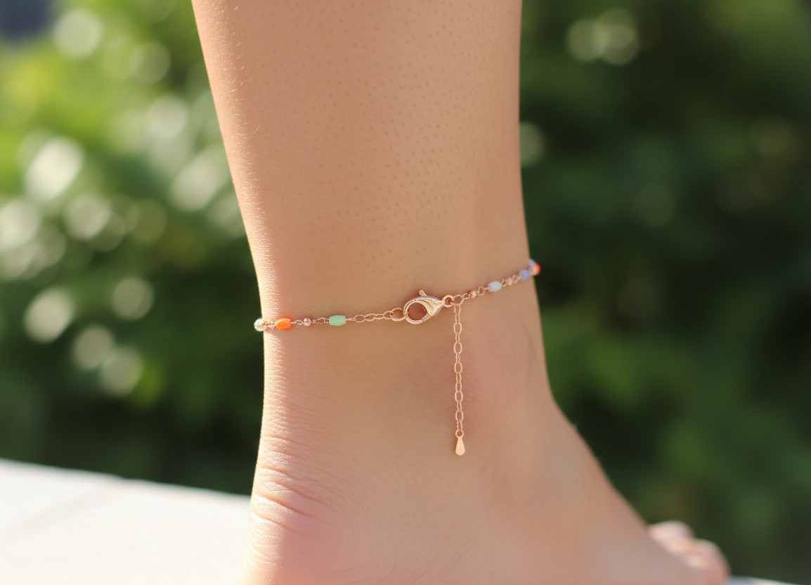 Beaded Link Anklet Rose Gold Plated Multicolor Enamel Dainty Chain Handmade