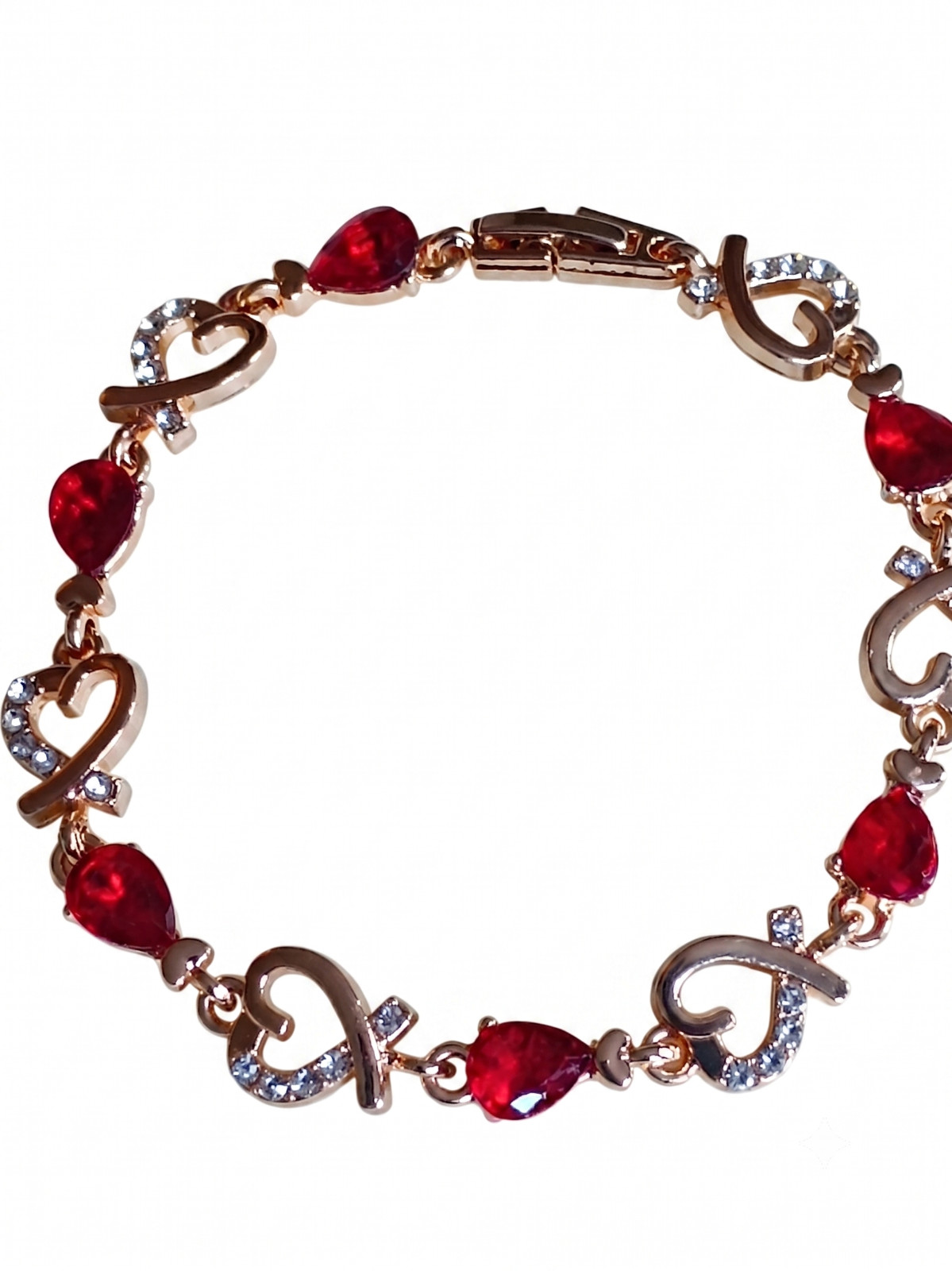 Gold Red Heart Diamante Jewel Link Bracelet Womens Jewellery Elegant UK Seller