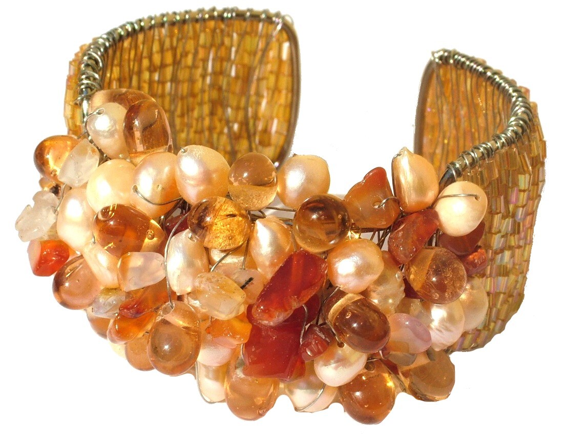 Bangle 30x Orange Carnelian 20x Apricot Beads on Silver Wide Adjustable