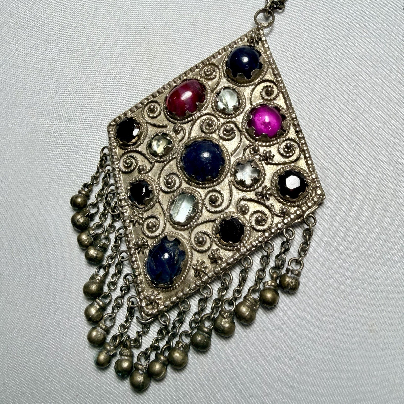 Vintage Kuchi Tribal Pendant Intricate Metalwork Adorned Colored Cabochons