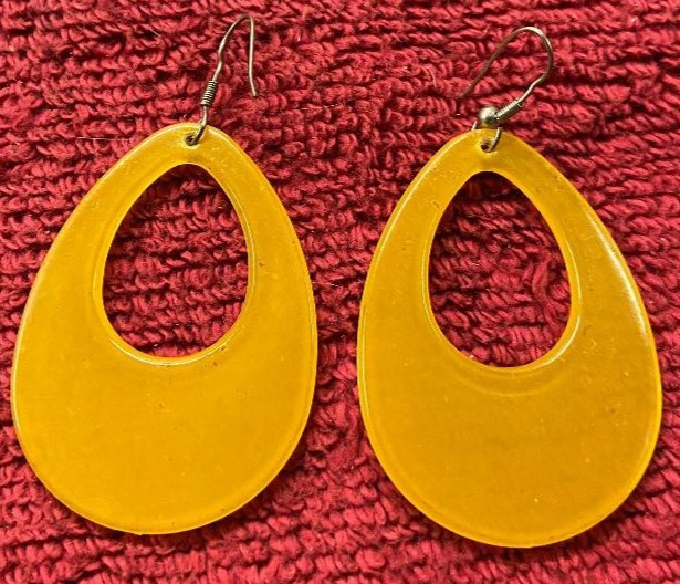 Vintage Yellow Giant Plastic Open Tear Drop Mid 1960s Pierced Earrings B43