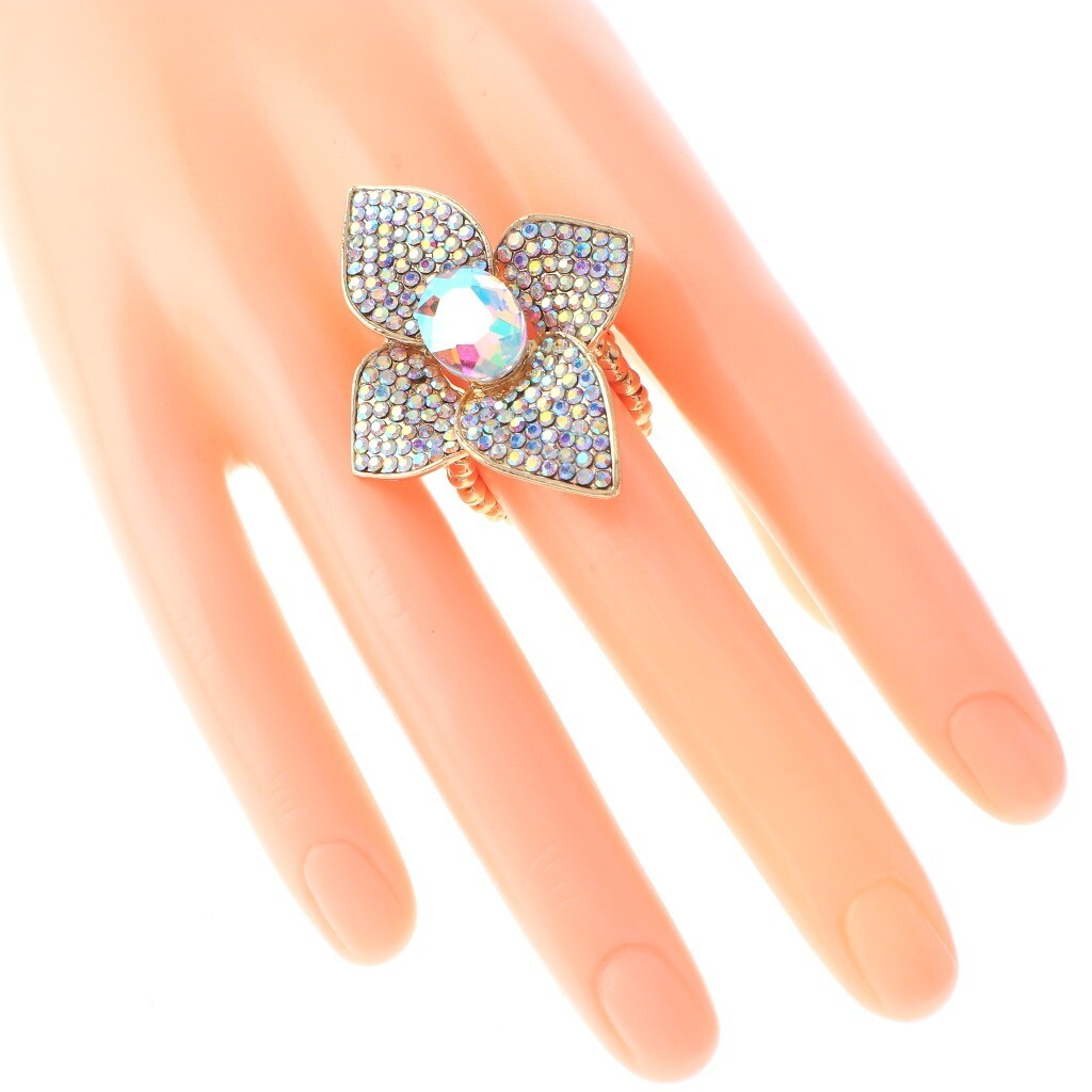 Gold Tone Stretch Metal Flower Ring With Rhinestone R1293-GAB