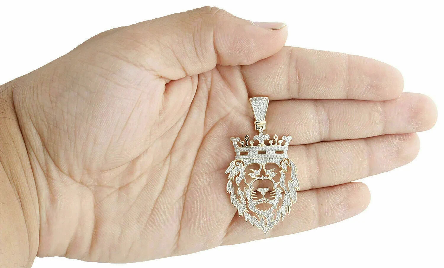 2Ct Created Diamond Lion Face Out King Crown Pendant Charm 14K Yellow Gold Over