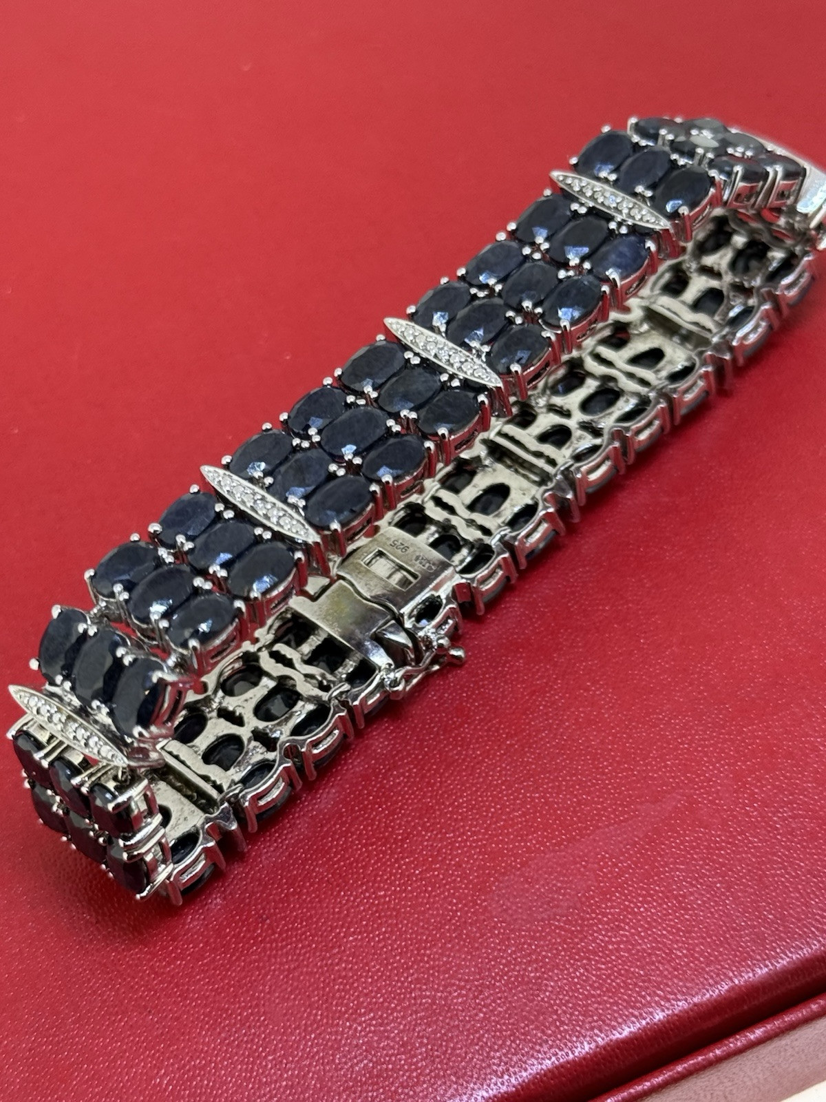 Vintage SJM Sterling Silver Blue Sapphire & Diamond Bracelet 7.5 Inch Long