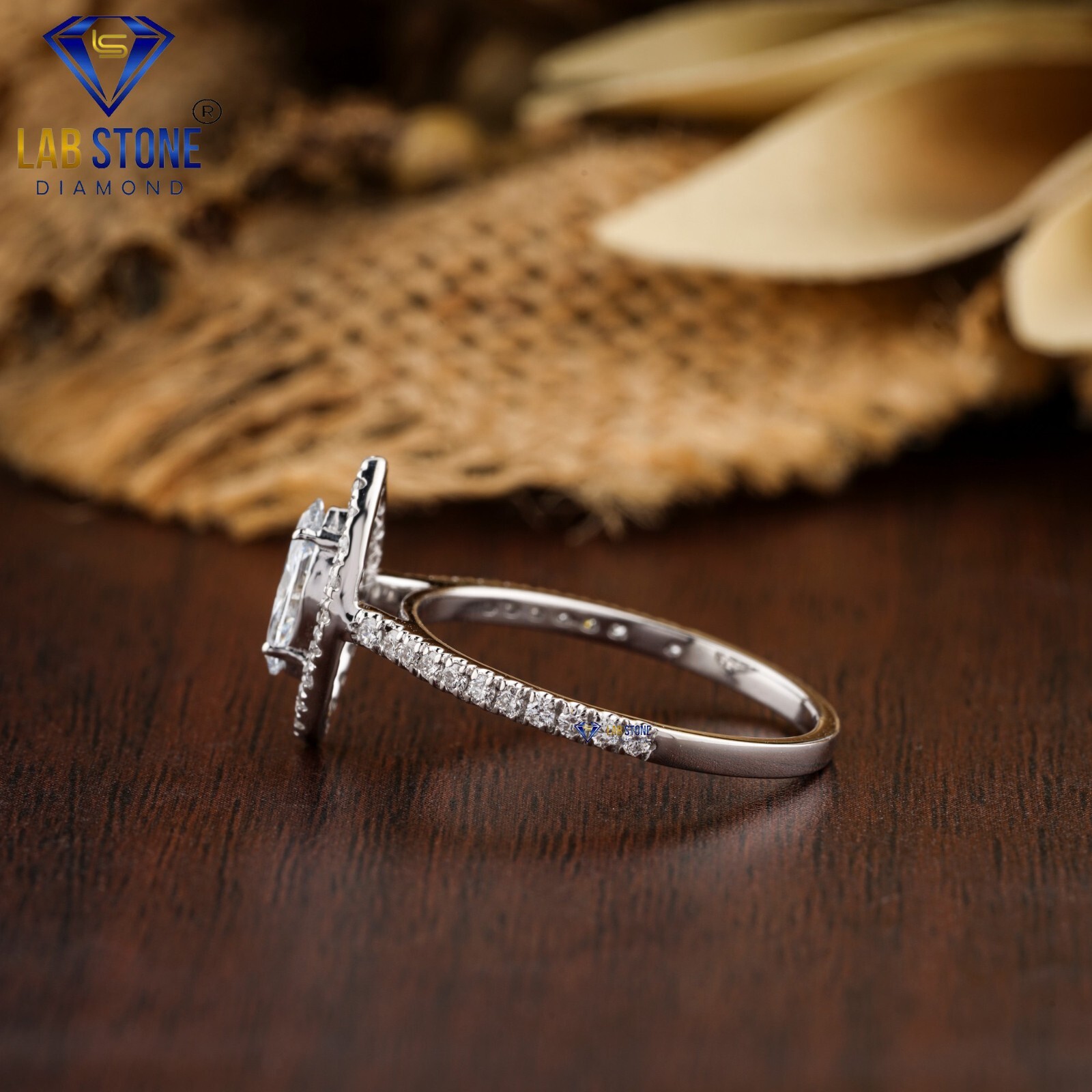 0.83 TDW Marquise & Round Lab Grown Diamond Halo Ring 18k White Gold