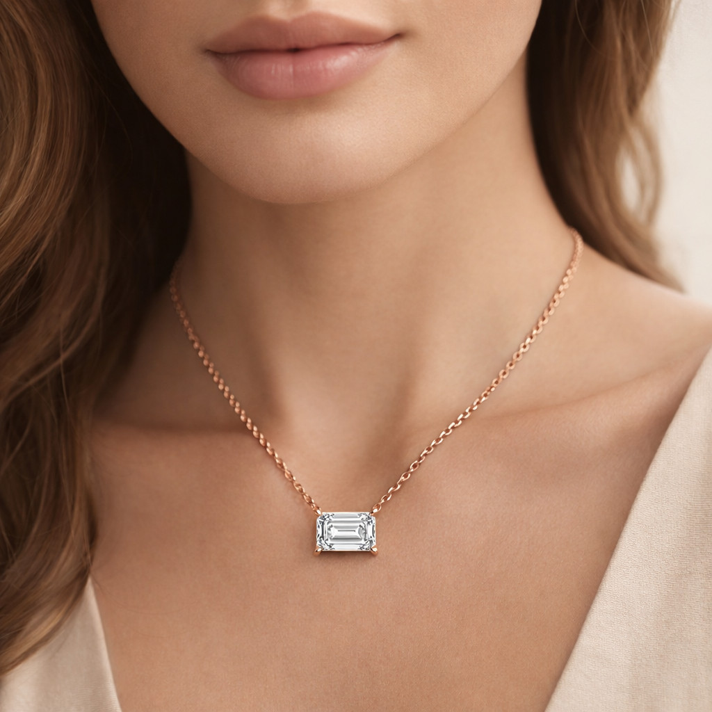 0.50Ct Emerald Cut Moissanite Pendant Necklace in 925 Silver & 10K, 14K Gold