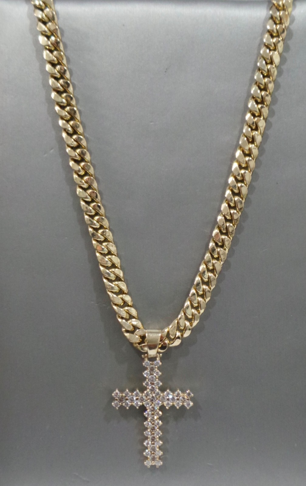 14k Yellow Gold 24″ Cuban Curb Link Necklace 45.4g 7.8mm & Diamond Cross Pendant