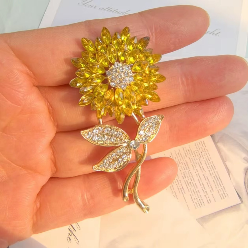 Sparkly Yellow Sunflower Brooch Rhinestone Crystal Gold Flower Pin Jewelry Gift