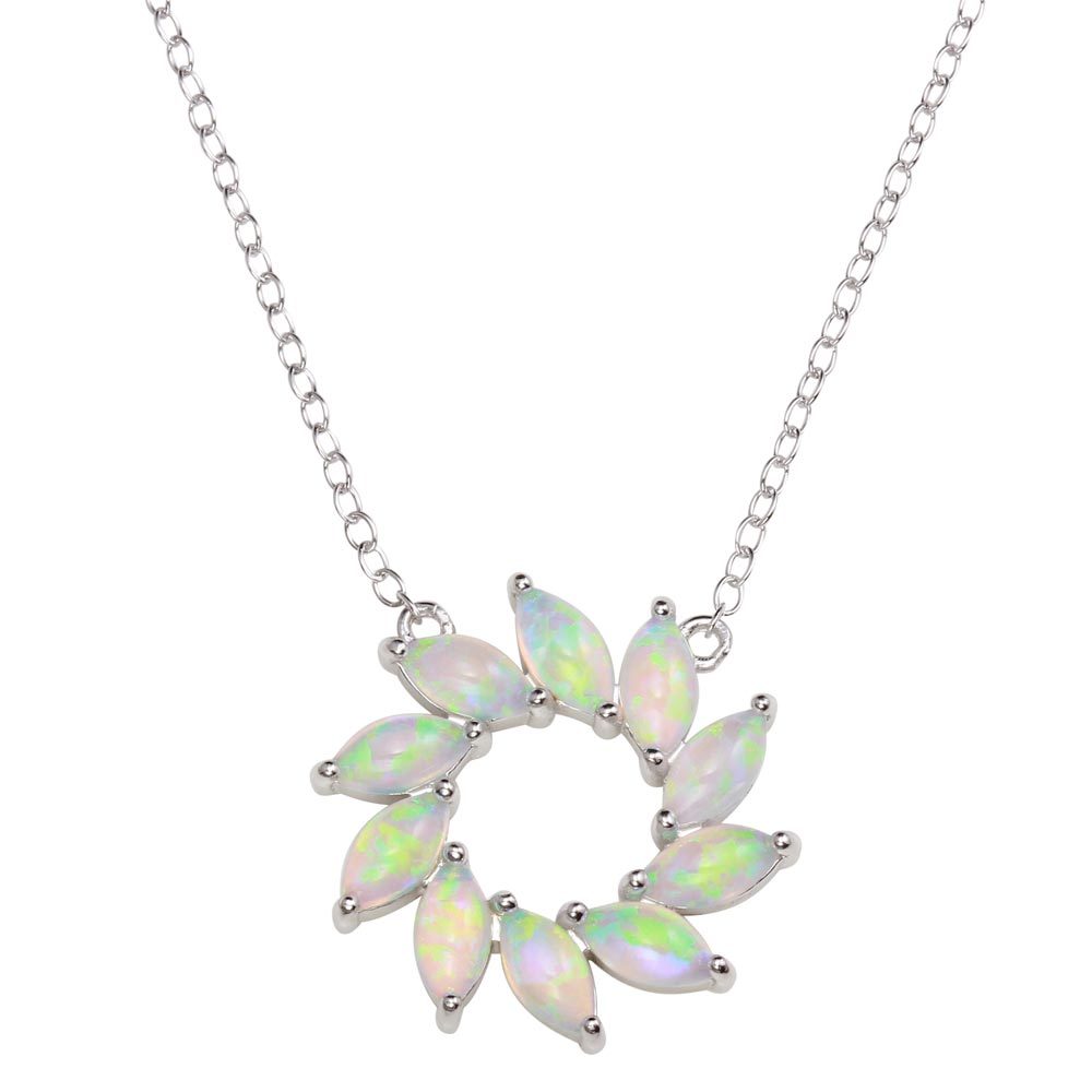OPEN ROUND NECKLACE PENDANT W/ LAB OPAL GEMSTONES / 925 STERLING SILVER
