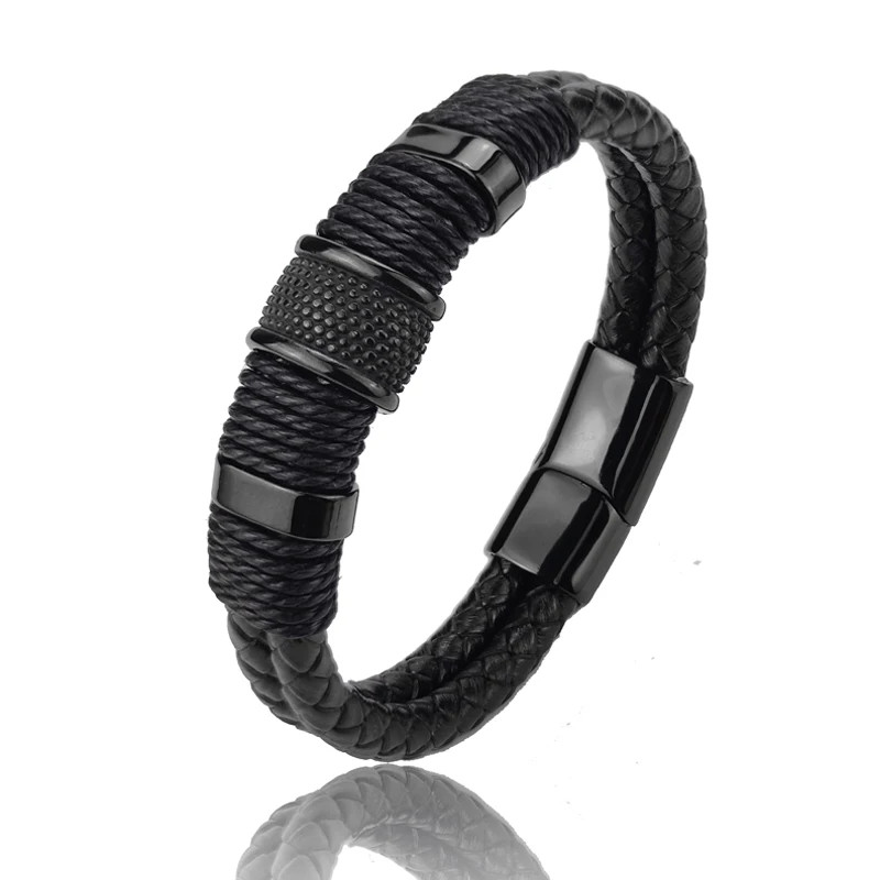 PU Leather Bracelet Multilayer Stainless Steel Bead Charm Men Wrist Jewelry