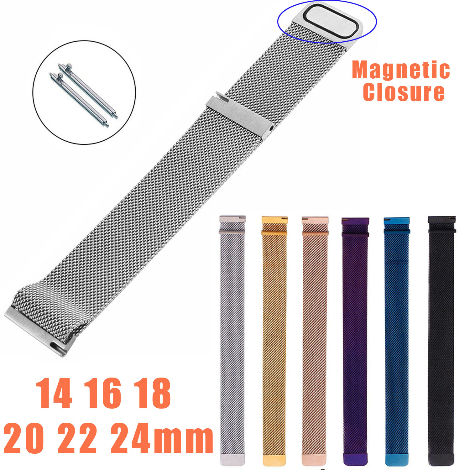 Magnetic Closure Stainless Steel Meshed Watch Band 14mm 16 18 20mm 22 24mm Strap