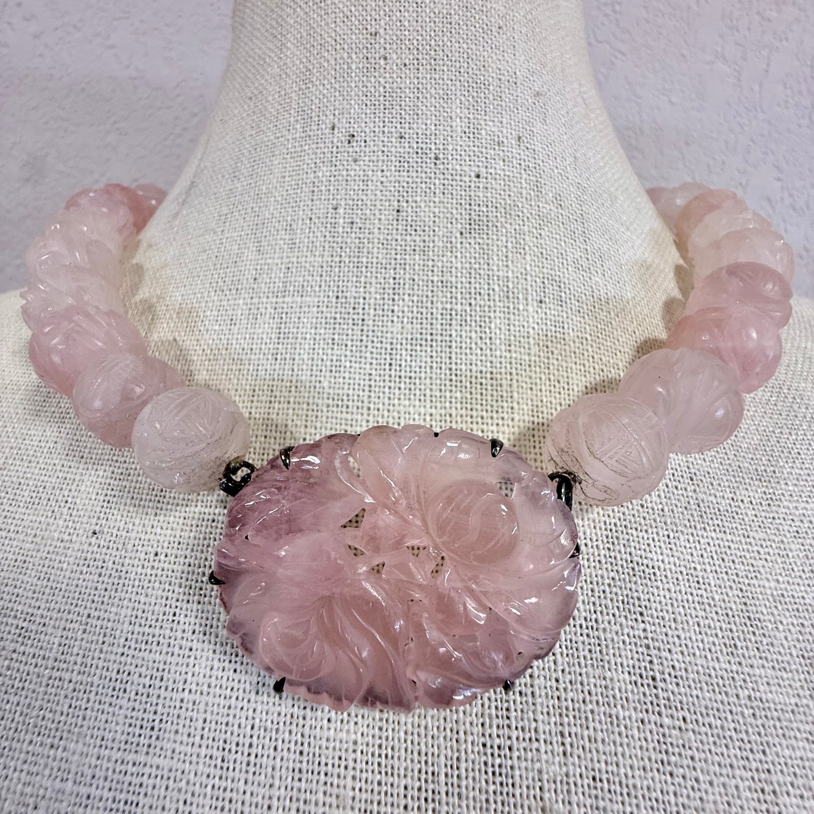 Vintage Carved Rose Quartz & Sterling Silver Statement Necklace