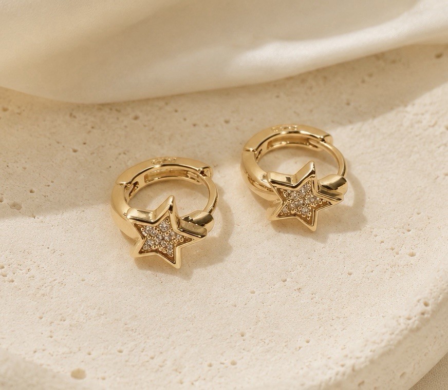 18K Gold Plated Star Huggie Hoop Earrings 9mm Small CZ Unisex Earrings 177