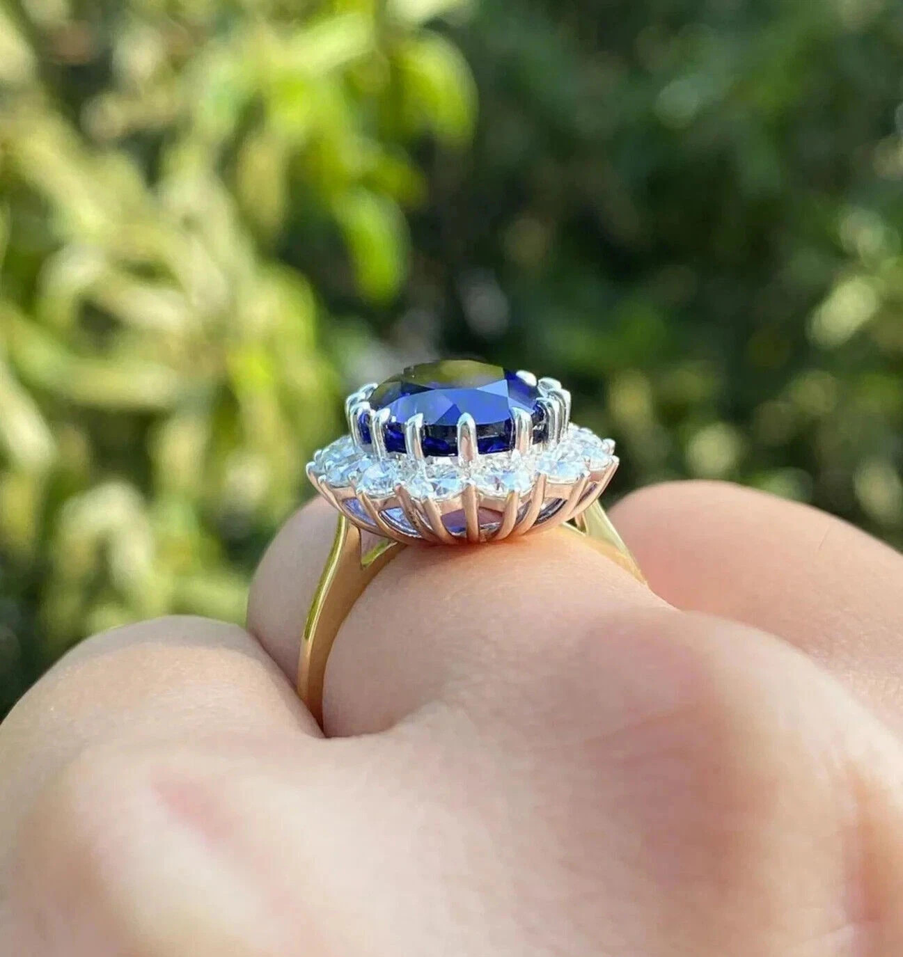 4.62 Ct Oval Cut Natural Sapphire & Diamond Engagement Ring 14K Yellow Gold Sz 6
