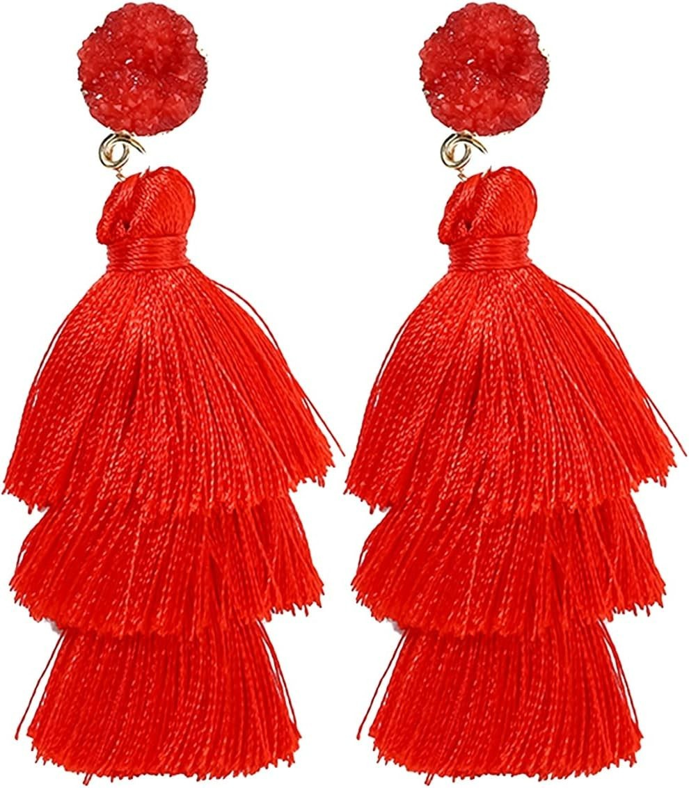 Lightweight Red Tassel Earrings for Women – Chic Drop Design, Perfect Gift