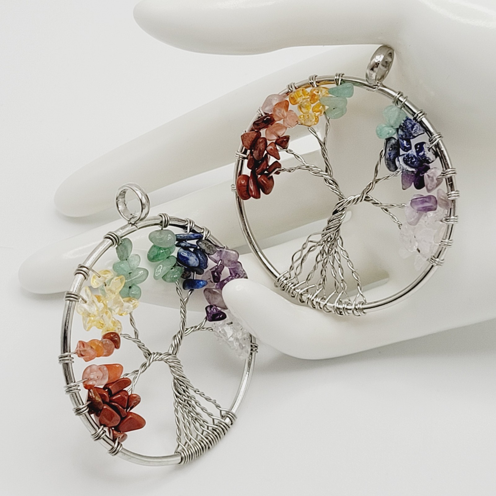 2 Tree of Life Silver Tone Twist Crystal Multi Stone Seven Chakras Round Pendant