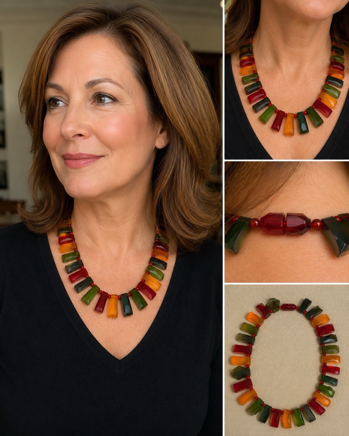 Vintage Tested Bakelite Faceted Geometric Necklace Red Green Amber 16” Lucite Sp