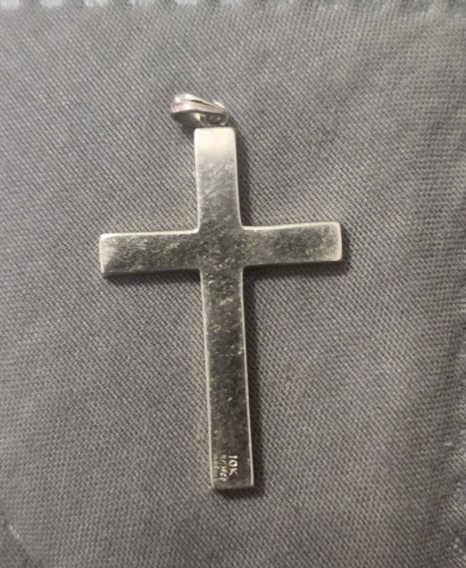 10K Yellow Gold Signed ESEMCO Etched Cross Pendant 1.18 Inch Long, 3/4 Inch Wide