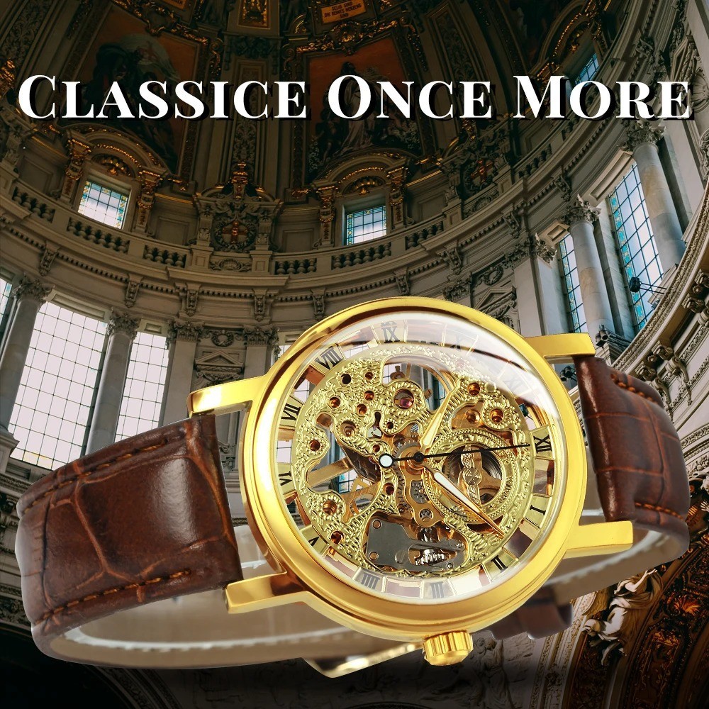 Jacob Transparent Gold Skeleton Mechanical Watch Casual Leather Strap Men