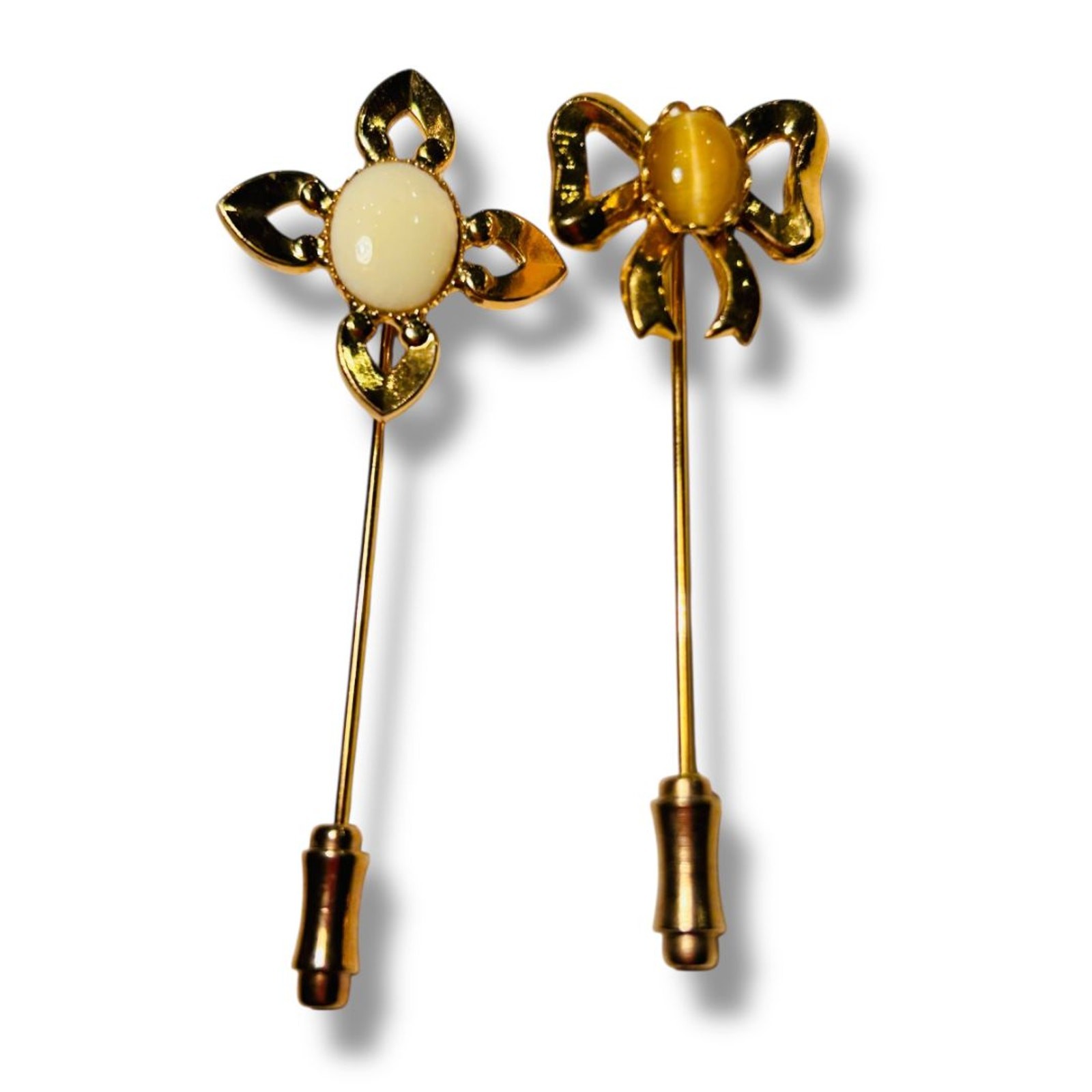 Set of 2 Stick Pins Goldtone Flower Bow Pink Cream Color 2.25″