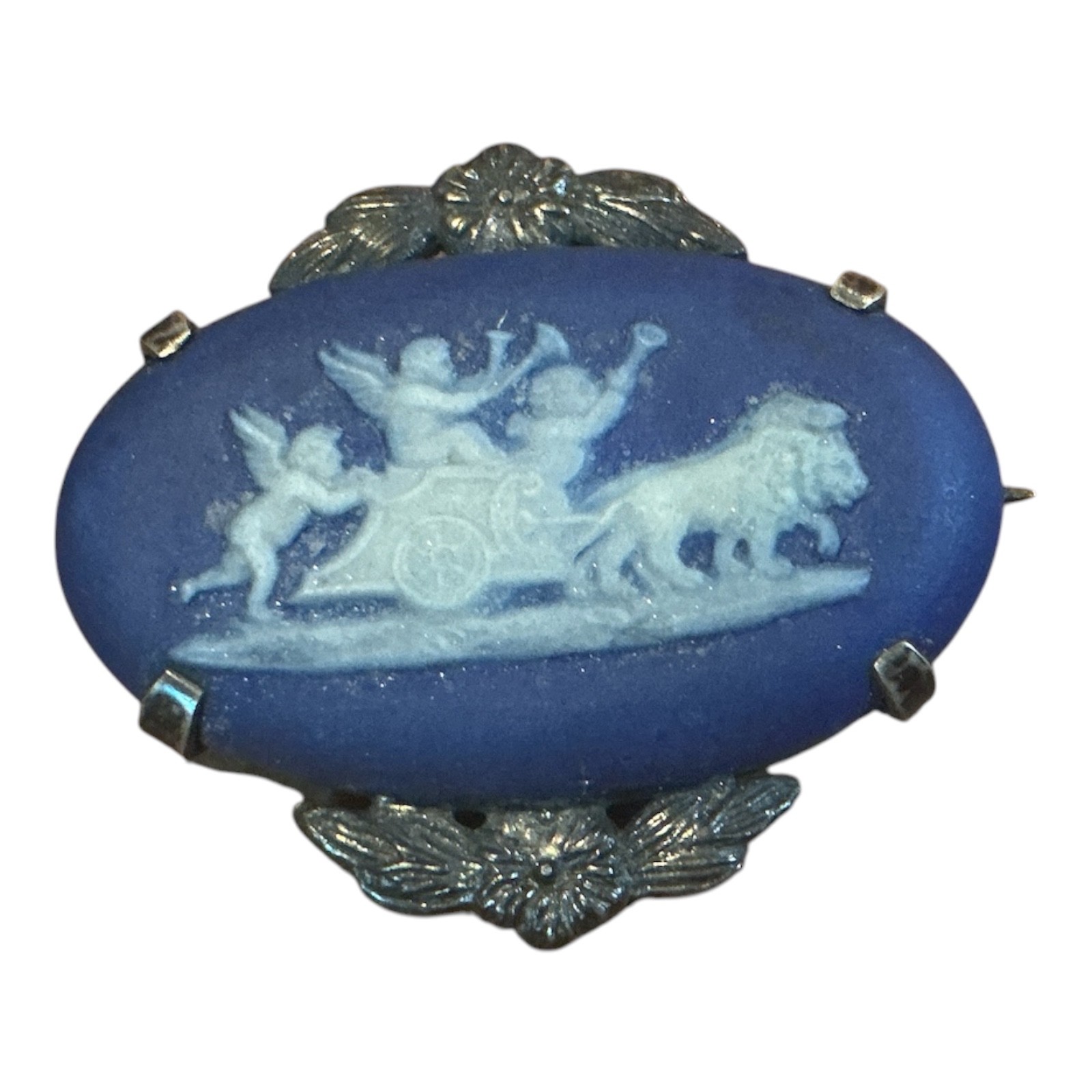 Vintage Wedgwood Jasperware Blue Cameo Brooch 925 Sterling Silver Chariot Lion