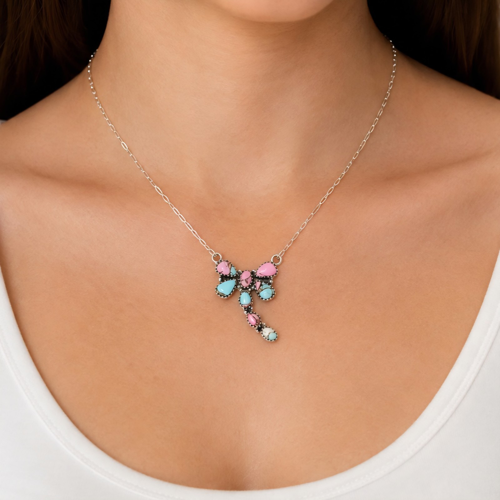 Cotton Candy Turquoise Dragonfly Sterling Silver Necklace 17-19in Southwestern