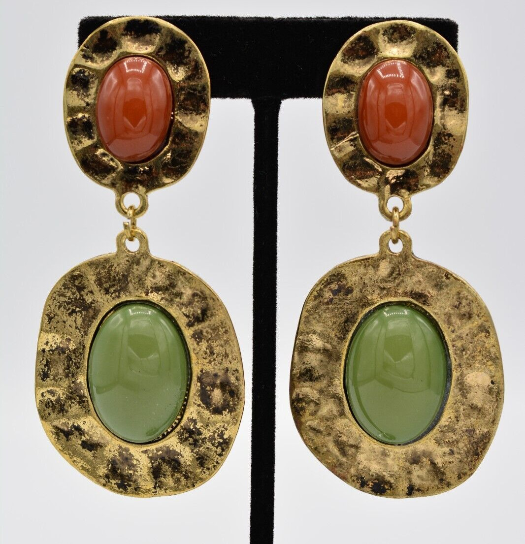 Vintage Cabochon Clip Earrings Antiqued Gold Burnt Rust Green Chunky 80s BinA13