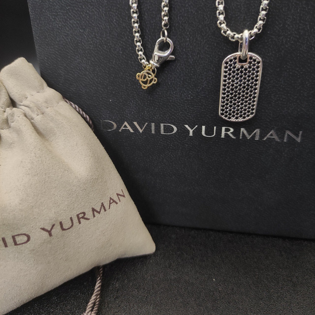 David Yurman Black Diamond Dog Tag Pendant 925 Silver Box Chain Necklace 19.6IN