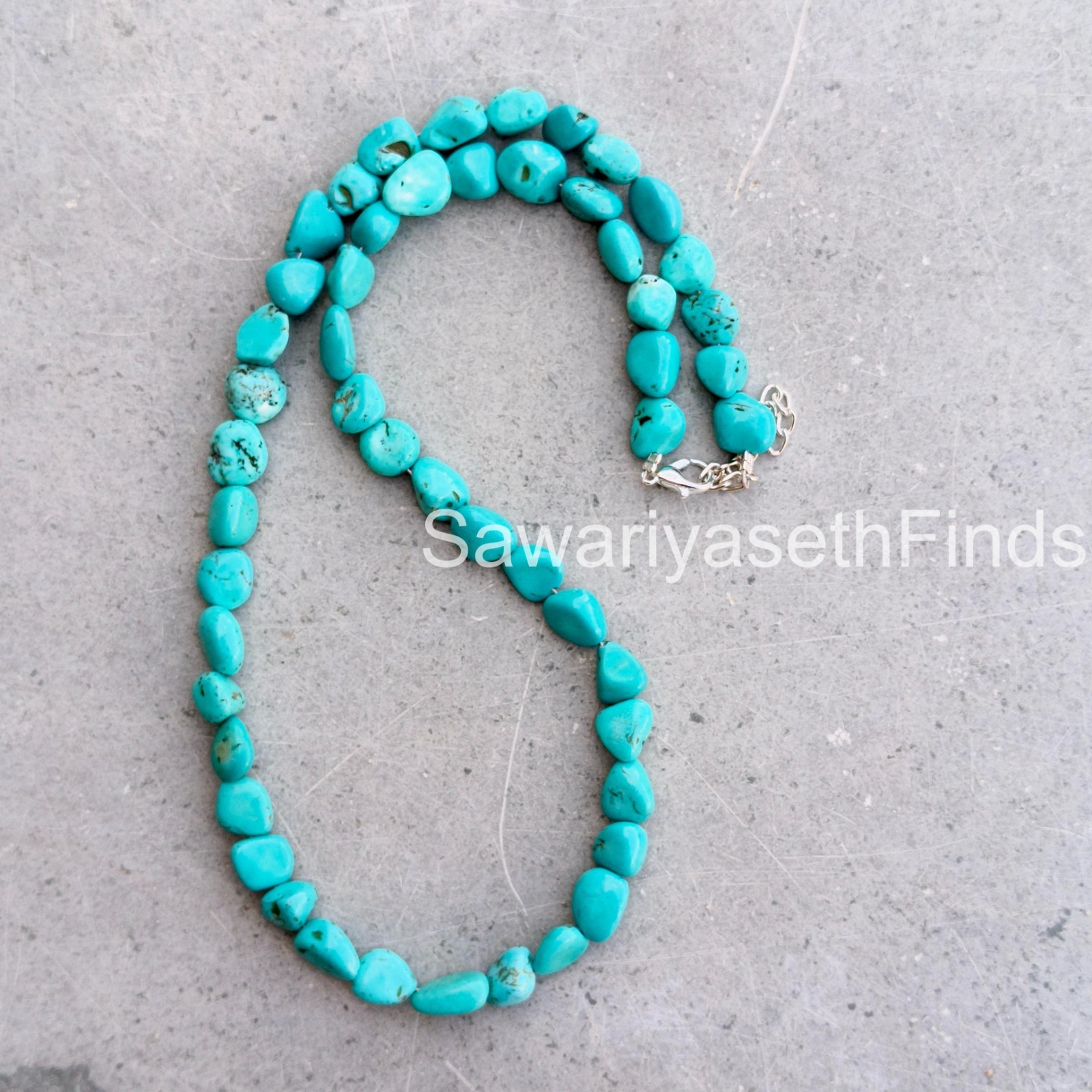 Natural Turquoise Nugget Beads Necklace, Boho Sterling Silver Clasp, December