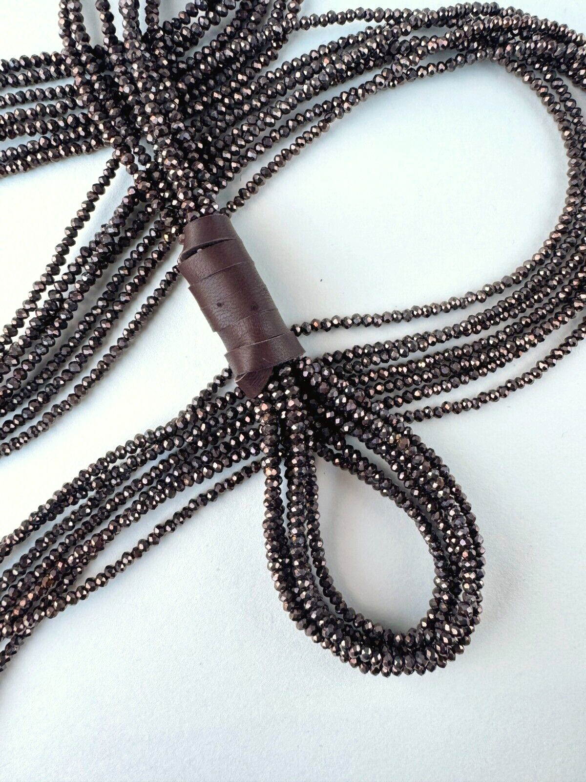 Brown Crystal Lariat Necklace: Tie Necklace, Genuine Leather, Handmade