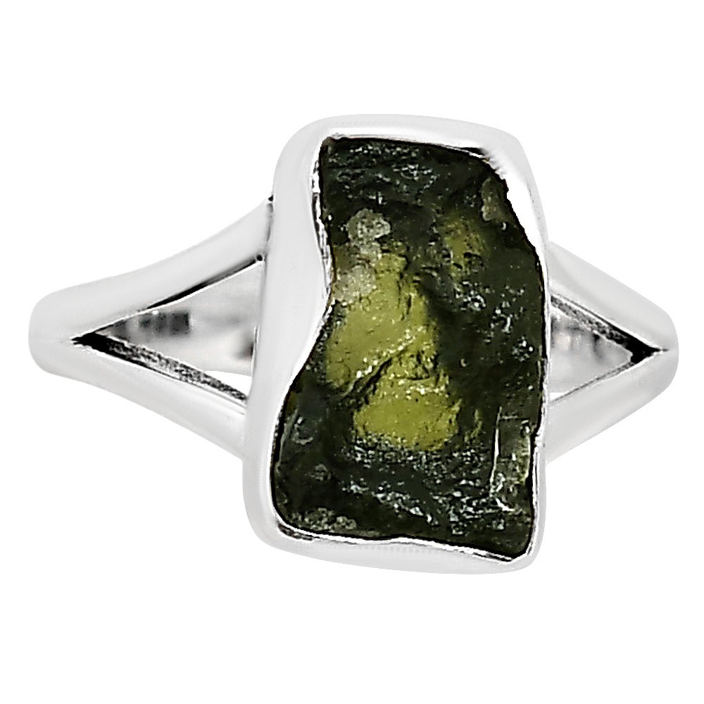 Genuine Czech Moldavite Rough 925 Sterling Silver Ring s.7 Jewelry R-1002